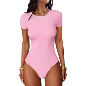 Women's Bodysuits Light Pink Short Sleeve Crew Neck Slim Casual Tops Knit Basic